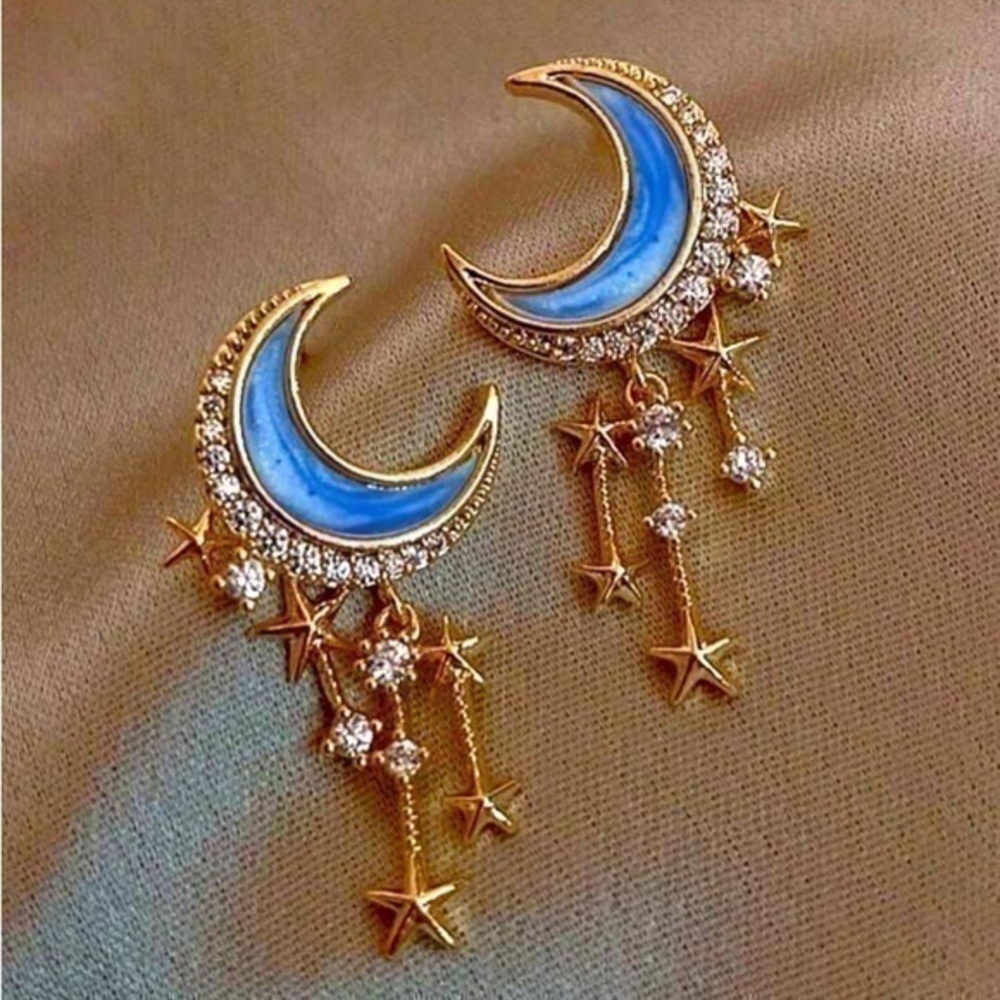 Gold & Blue Moon And Star Earrings